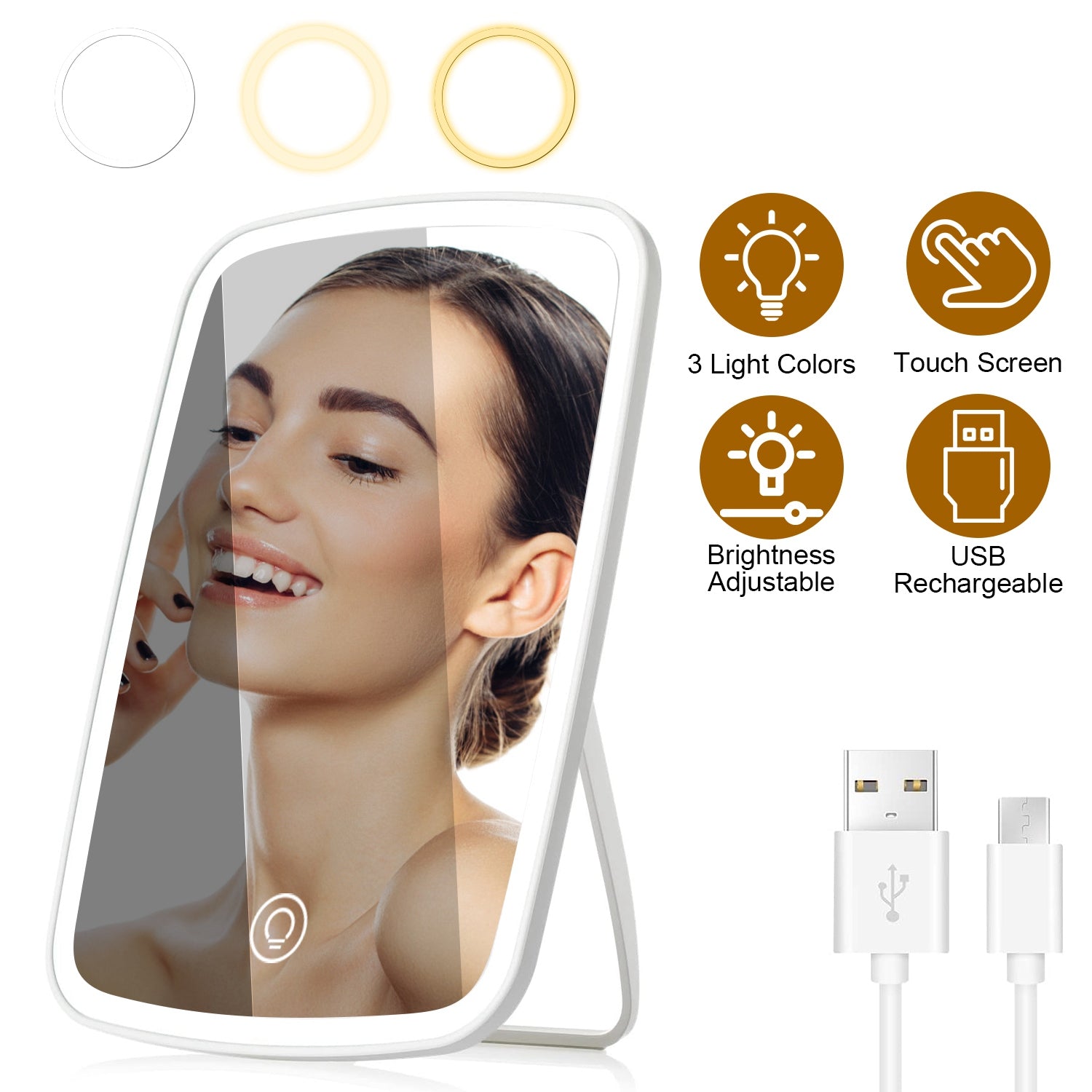 1Pc 5.98x8.62in Lighted Makeup Mirror Vanity Desk Mirror Small LED Mirror With 3 Light Colors Touch Screen Brightness Adjustable USB Rechargeable